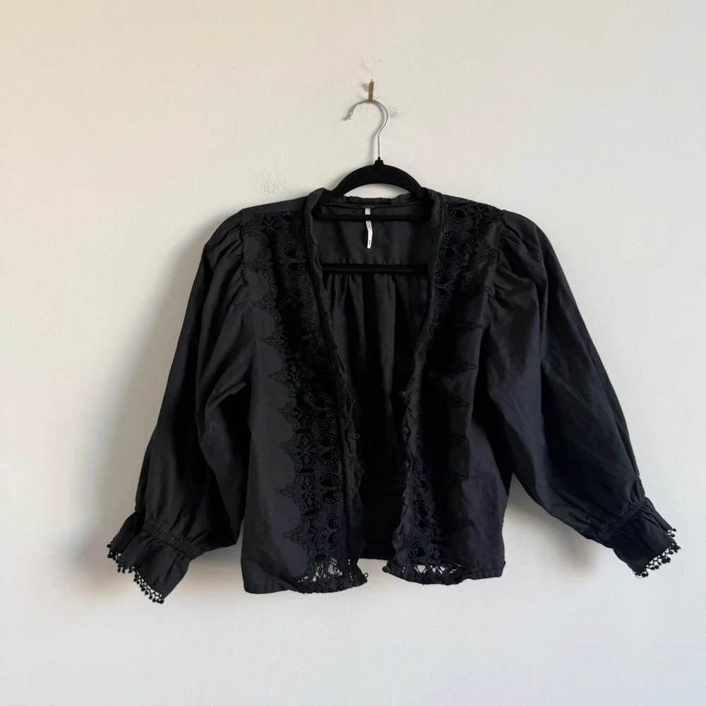 Free People Louella Black Lace and Embroidered Button Front‎ Cotton Top Medium